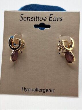 NWT Sensitive Ears Gold Tone Brown Cabochon Huggie Hoop Earrings Hypoallergenic